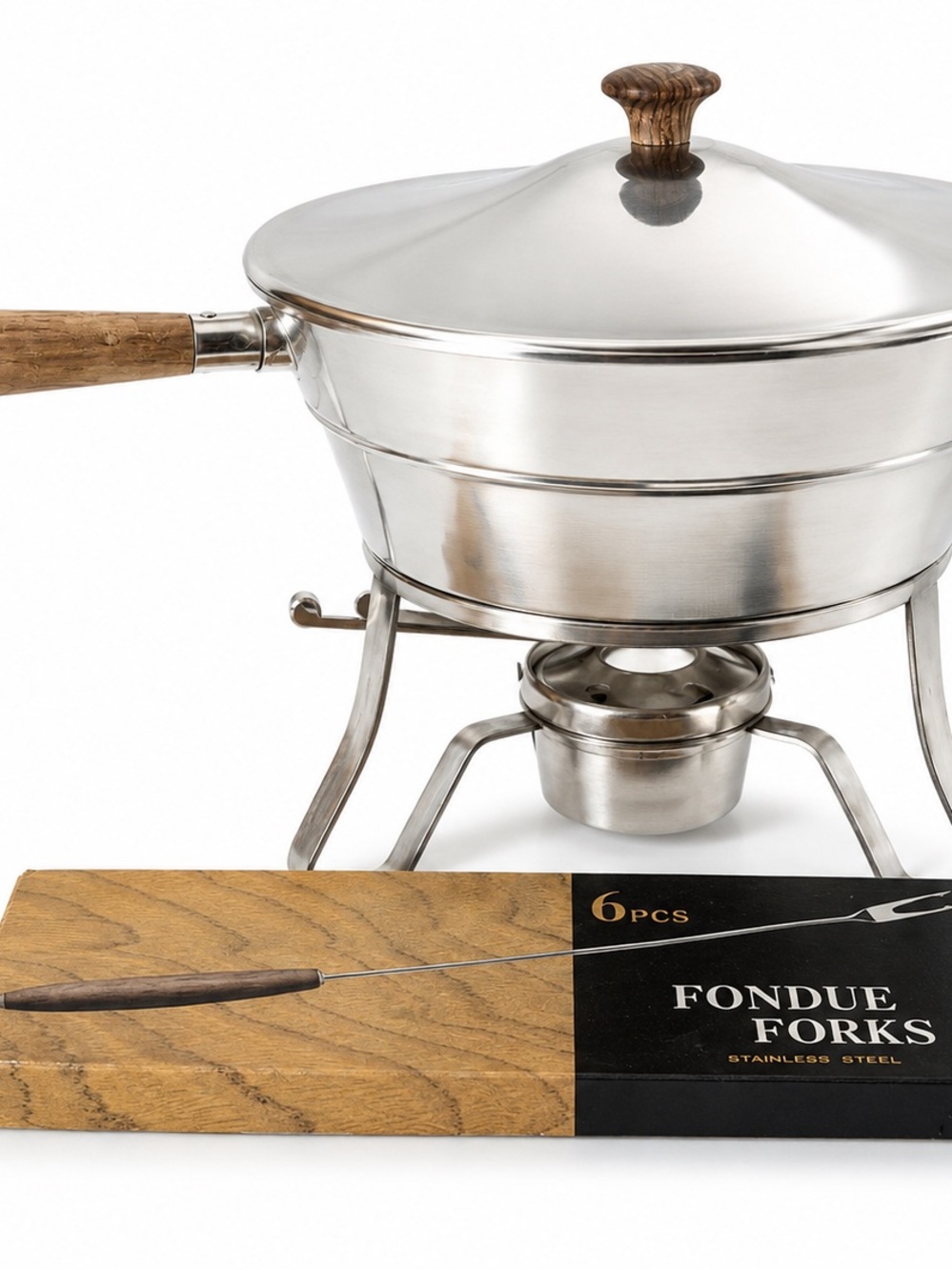 Vintage Stainless Steel Fondue Set with Burner Stand Lid & Accessories